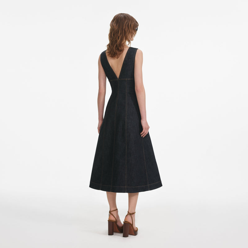 Self-portrait - Indigo Denim Midi Dress - Dark Blue Denim