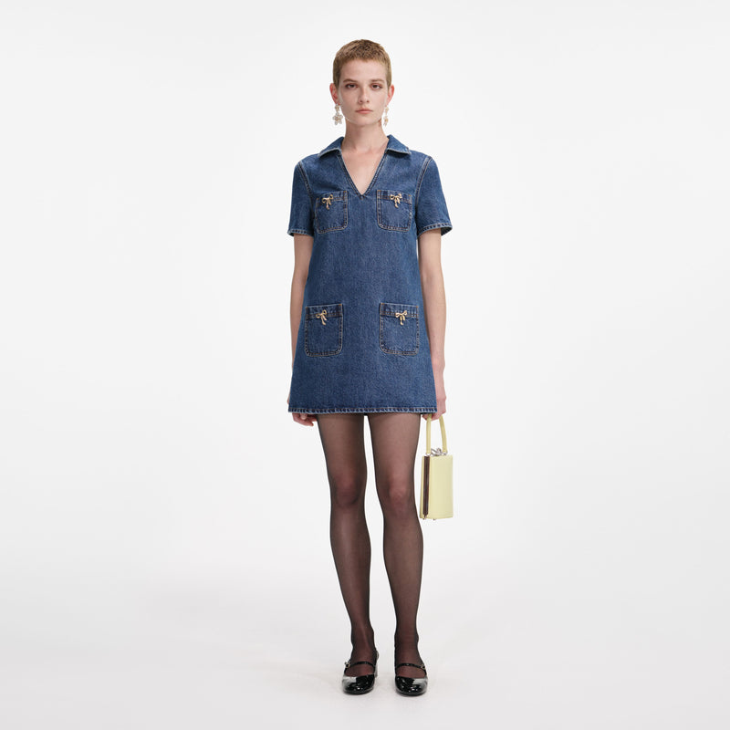Self-portrait - Crystal Bow Mini Dress -  Denim
