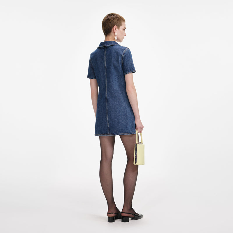 Self-portrait - Crystal Bow Mini Dress -  Denim