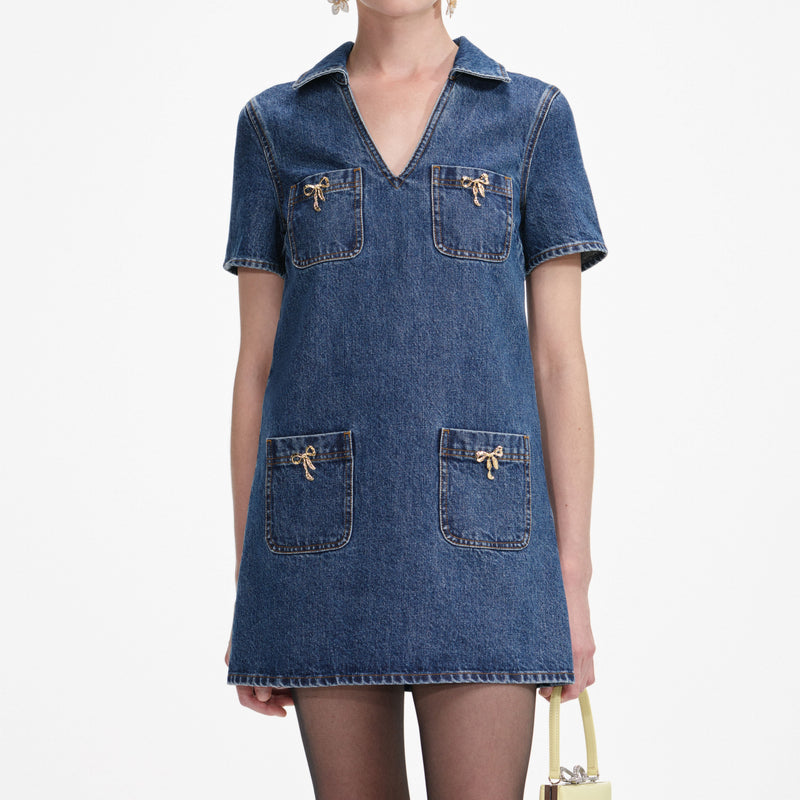 Self-portrait - Crystal Bow Mini Dress -  Denim