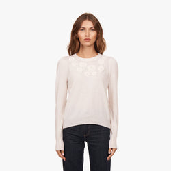 Autumn Cashmere - Puff Sleeve Crew w/ Floral Hand Embroidery - Chalk