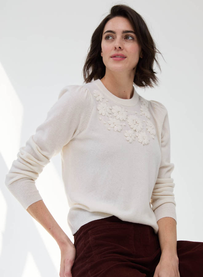 Autumn Cashmere - Puff Sleeve Crew w/ Floral Hand Embroidery - Chalk