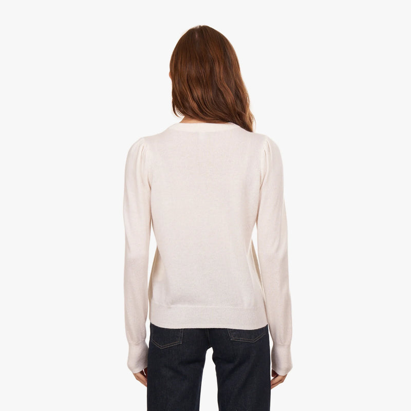 Autumn Cashmere - Puff Sleeve Crew w/ Floral Hand Embroidery - Chalk