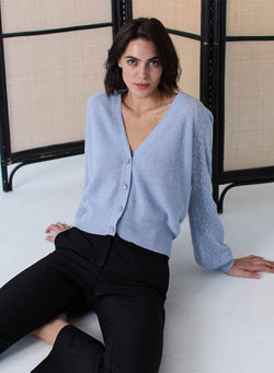 Autumn Cashmere - Shaker V Cardigan w/ Pointelle Puff Sleeves - Meadow