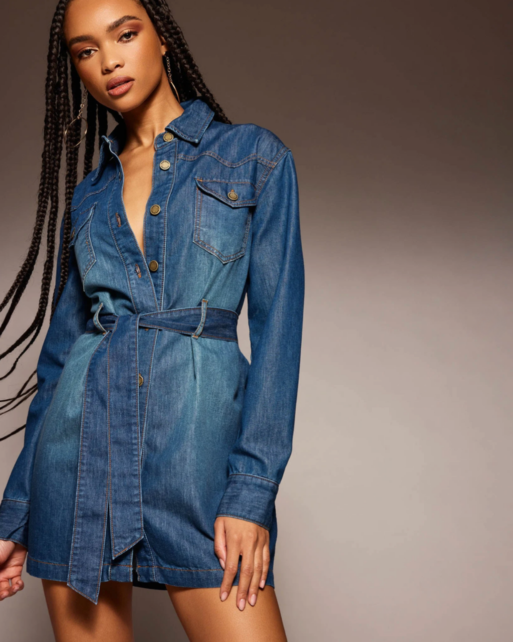 Long sleeve denim mini dress discount