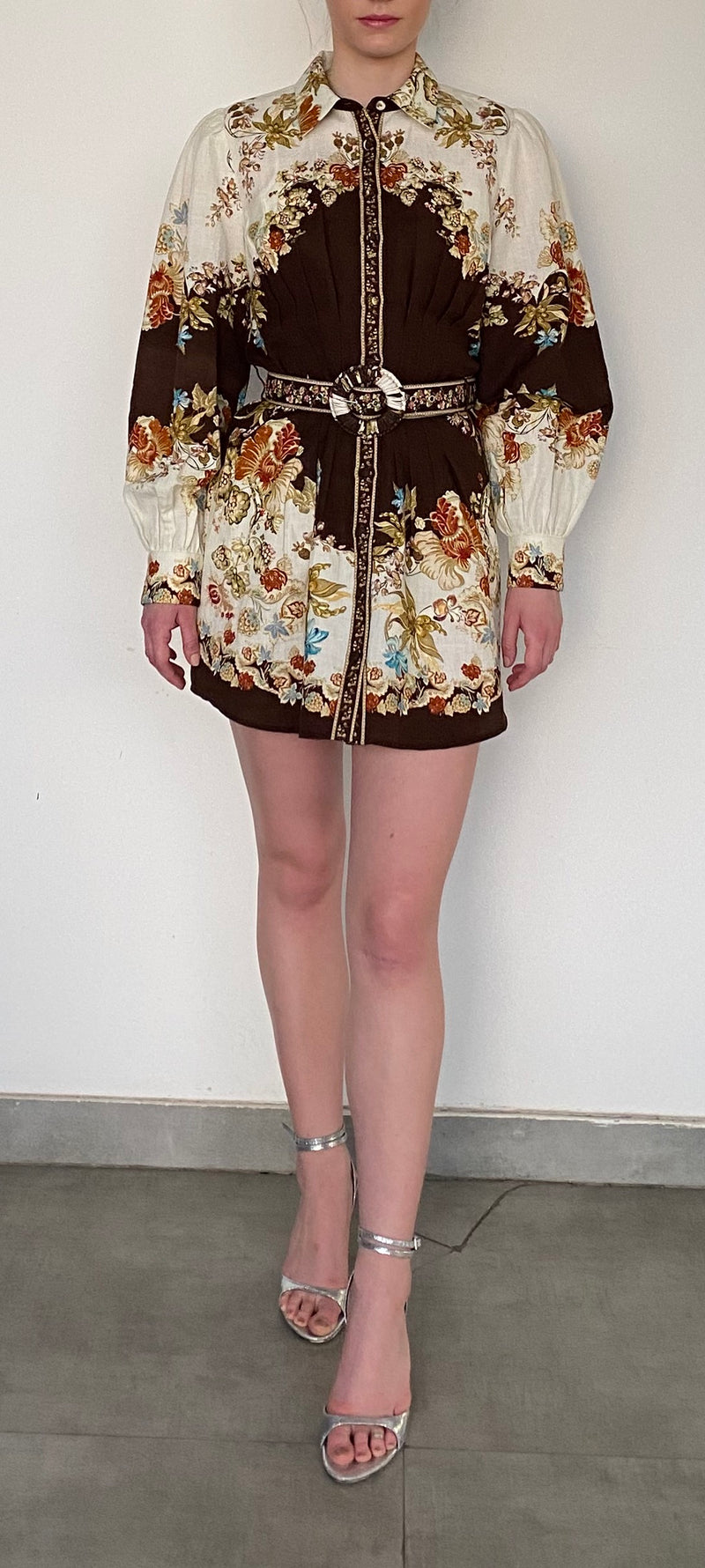 Hemant and Nandita - Short Dress with Buckle Belt - Brown Mix XS Hemant and Nandita - Short Dress with Buckle Belt - Brown Mix XS