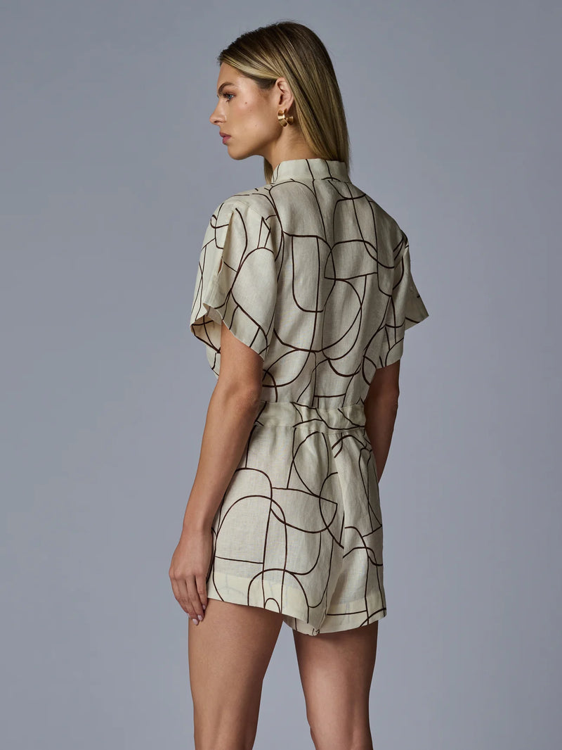 Hevron - Taryn Linen Romper - Brown Geo Print