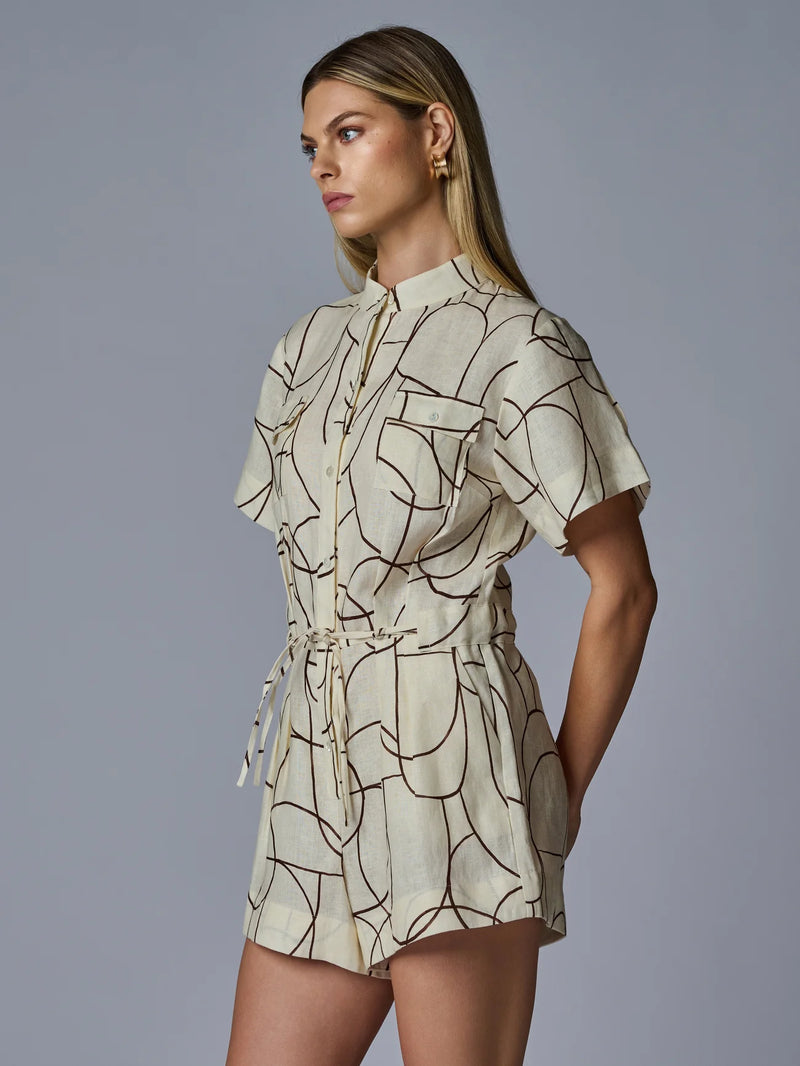 Hevron - Taryn Linen Romper - Brown Geo Print