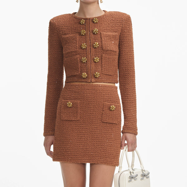 Self-portrait - Textured Knit Jacket - Brown