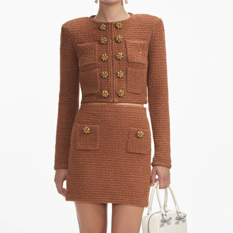 Self-portrait - Textured Knit Jacket - Brown