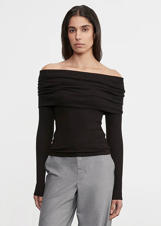 Enza Costa - Silk Rib L/S Off-Shoulder Top - Black