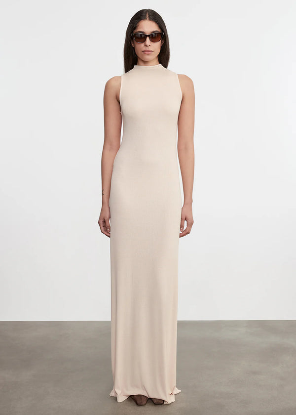 Enza Costa - Silk Rib Sleeveless Mockneck Fluid Dress - Fawn S Enza Costa - Silk Rib Sleeveless Mockneck Fluid Dress - Fawn S