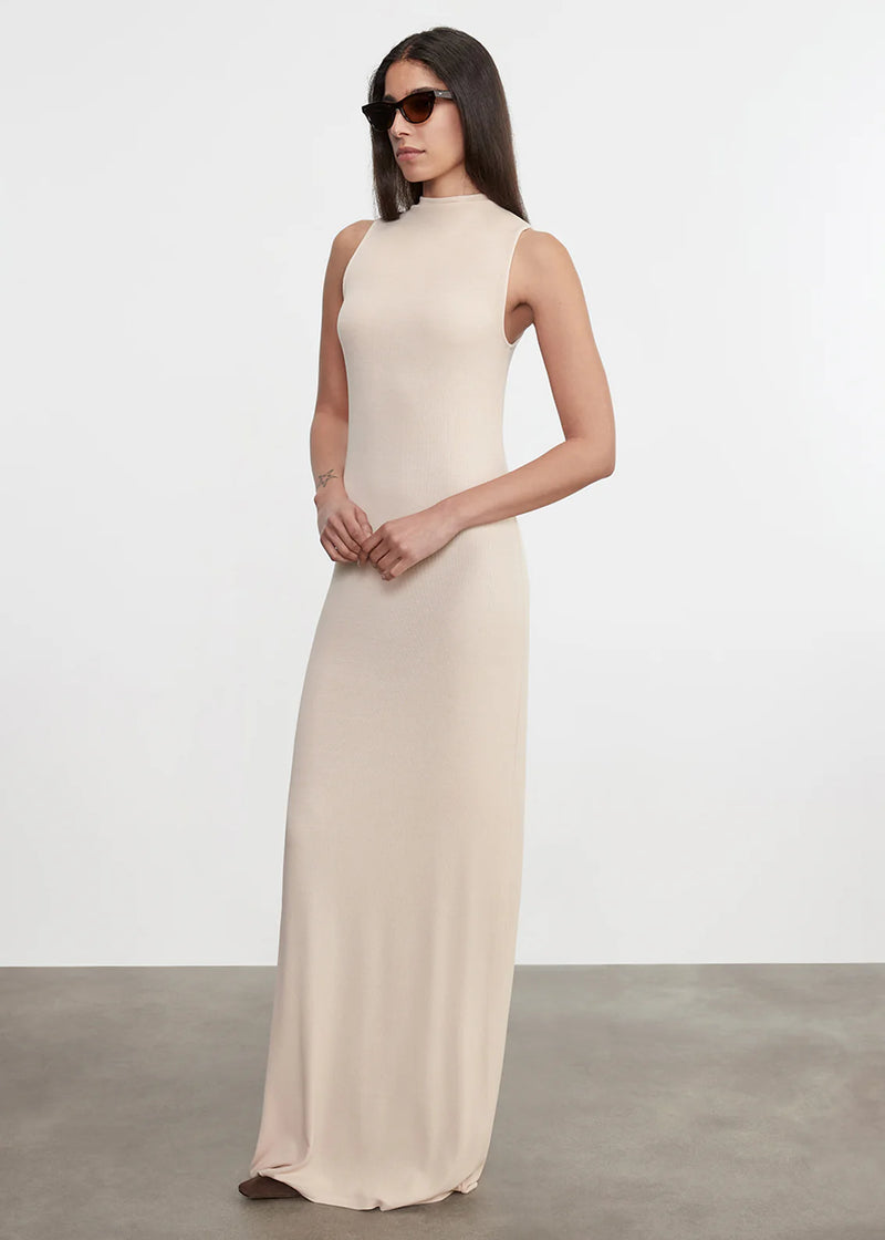Enza Costa - Silk Rib Sleeveless Mockneck Fluid Dress - Fawn