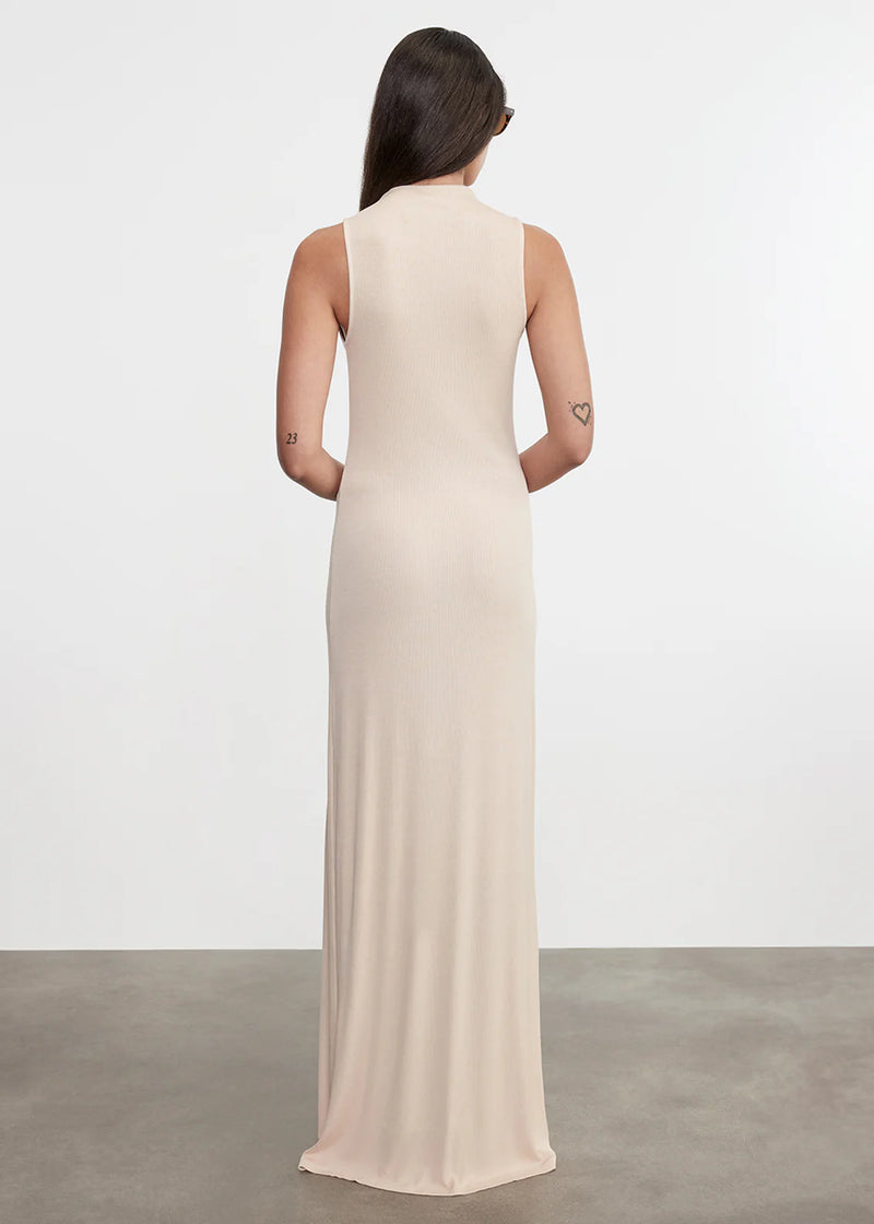 Enza Costa - Silk Rib Sleeveless Mockneck Fluid Dress - Fawn Enza Costa - Silk Rib Sleeveless Mockneck Fluid Dress - Fawn