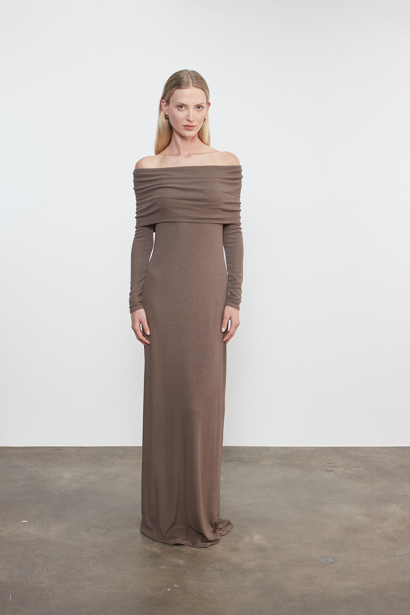 Silk Rib Off-Shoulder Fluid Dress