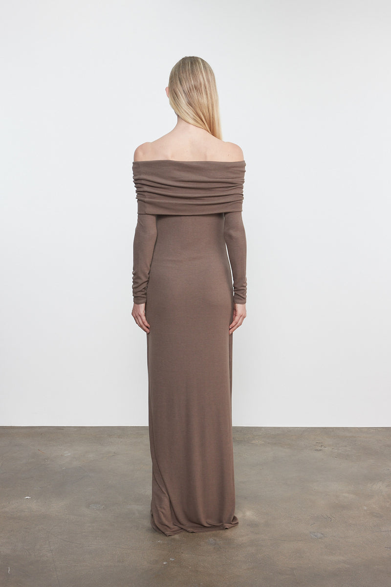 Silk Rib Off Shoulder Fluid Dress