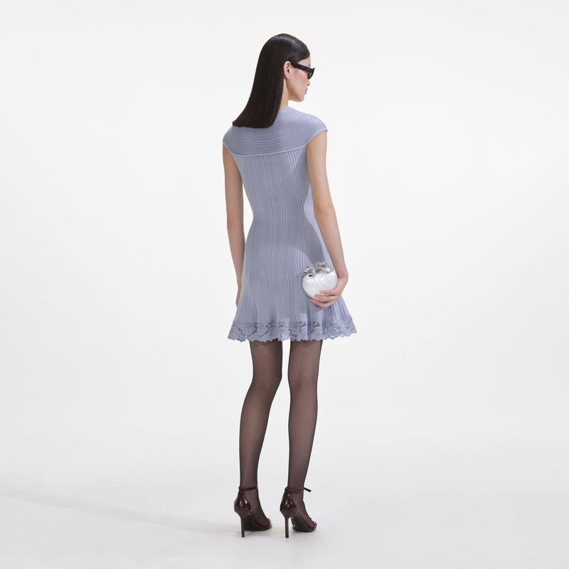Self-portrait - Knit Lace Insert Mini Dress - Blue Self-portrait - Knit Lace Insert Mini Dress - Blue
