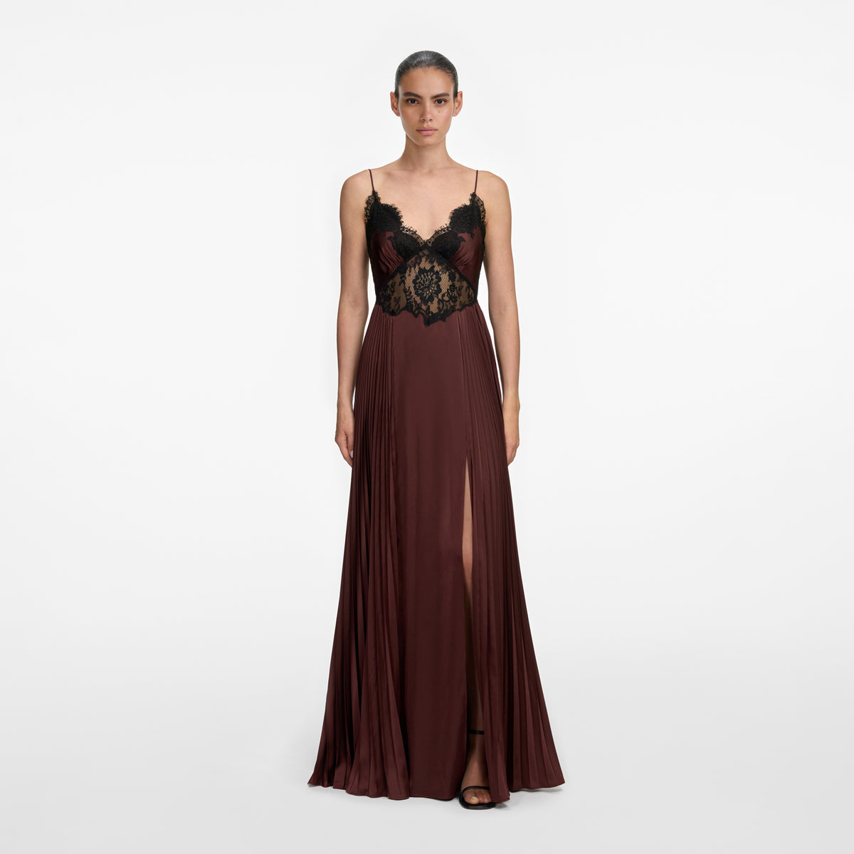self portrait maxi dresses Self-portrait - Satin Lace Insert Dress Mermaid Gown Magic Kingdom Bippity Boppity Color:Fucsia gently embracing the figure