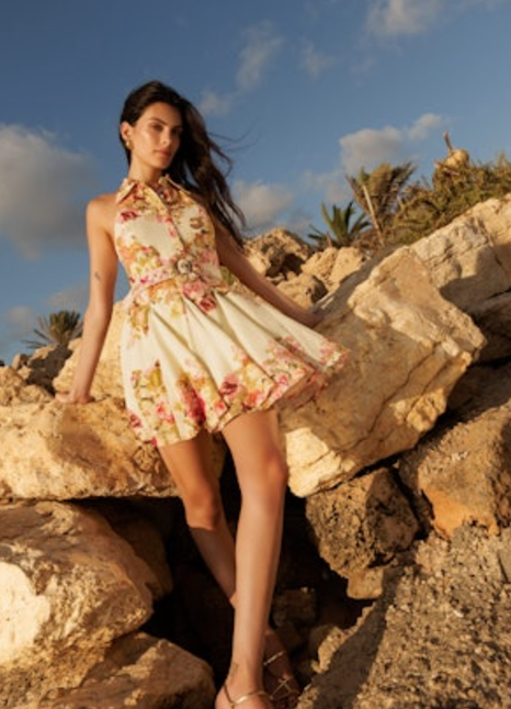 Hemant and Nandita - Short Dress with Buckle Belt- Ivory Mix