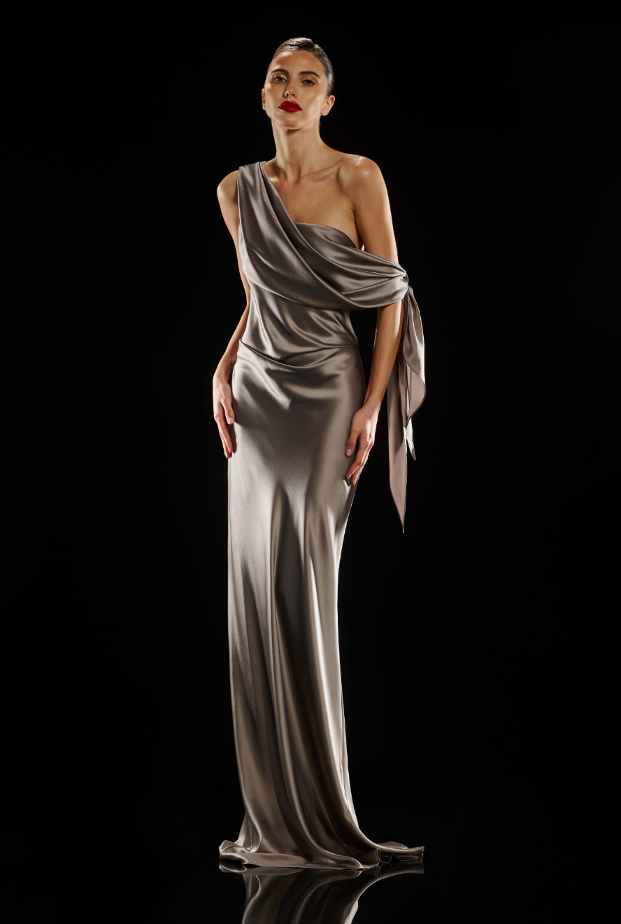 the sei asymmetric draped dress - Asymmetrical Drape Gown with Tie pictured here in Bottle black tie dress code dresses Silk satin 2000s Fashion Trends We'd Size:24 AUS