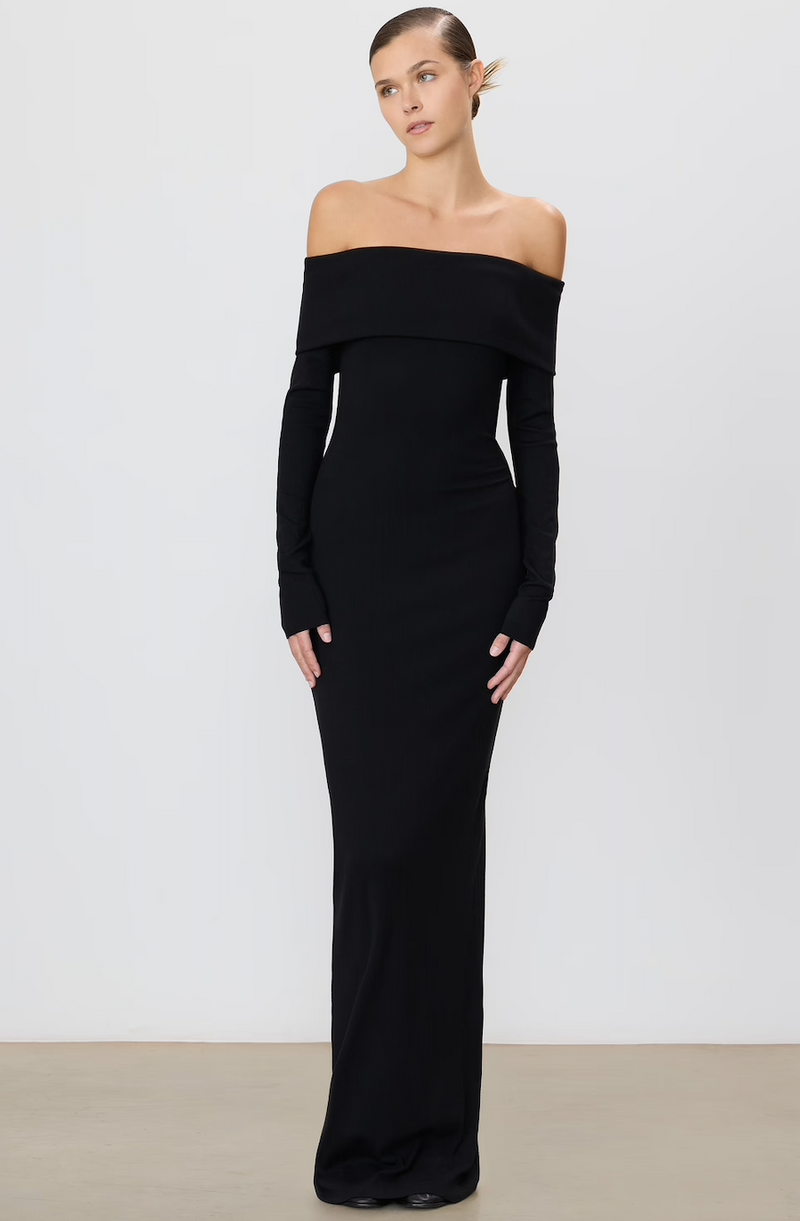 Eterne - Long Sleeve Off-Shoulder Maxi Dress - Black