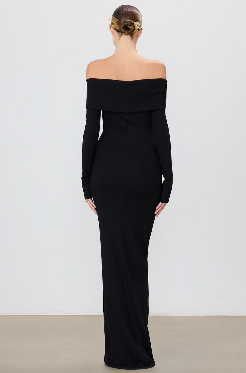 Eterne - Long Sleeve Off-Shoulder Maxi Dress - Black