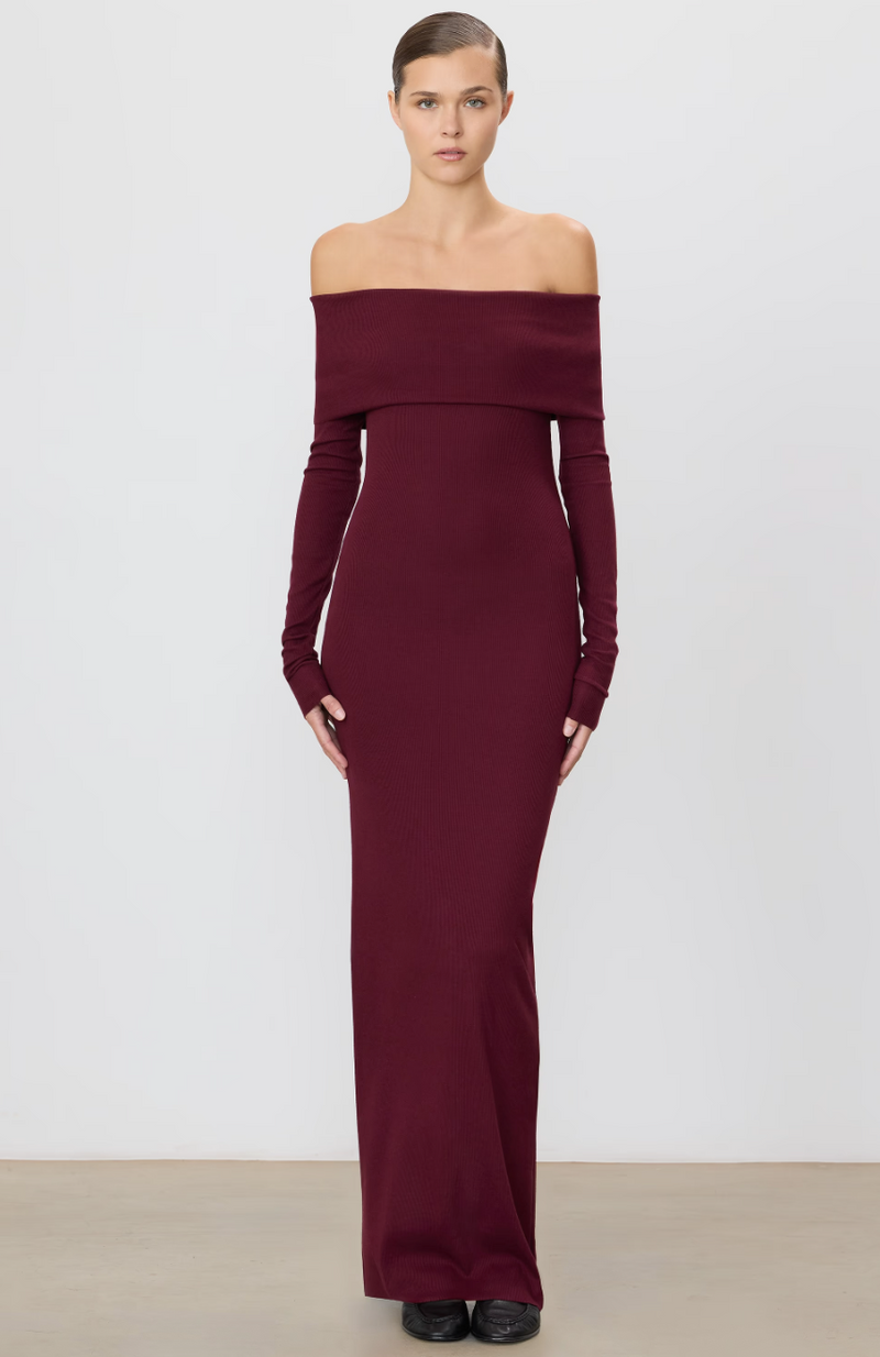 Eterne - Long Sleeve Off-Shoulder Maxi Dress - Oxblood