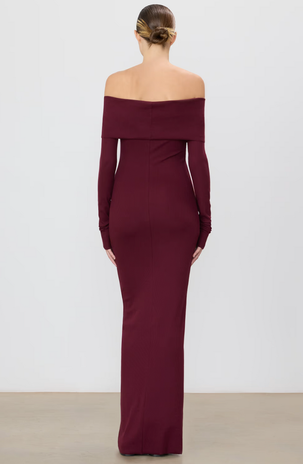 Eterne - Long Sleeve Off-Shoulder Maxi Dress - Oxblood