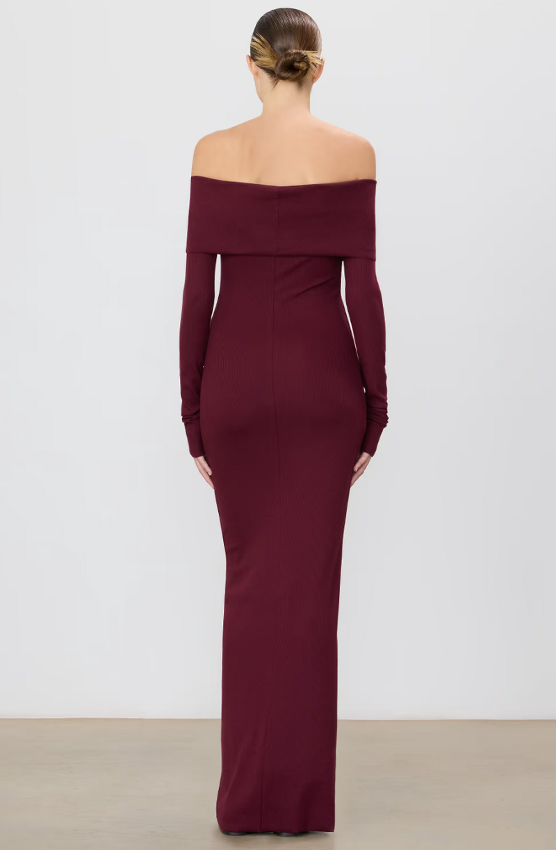 Eterne - Long Sleeve Off-Shoulder Maxi Dress - Oxblood
