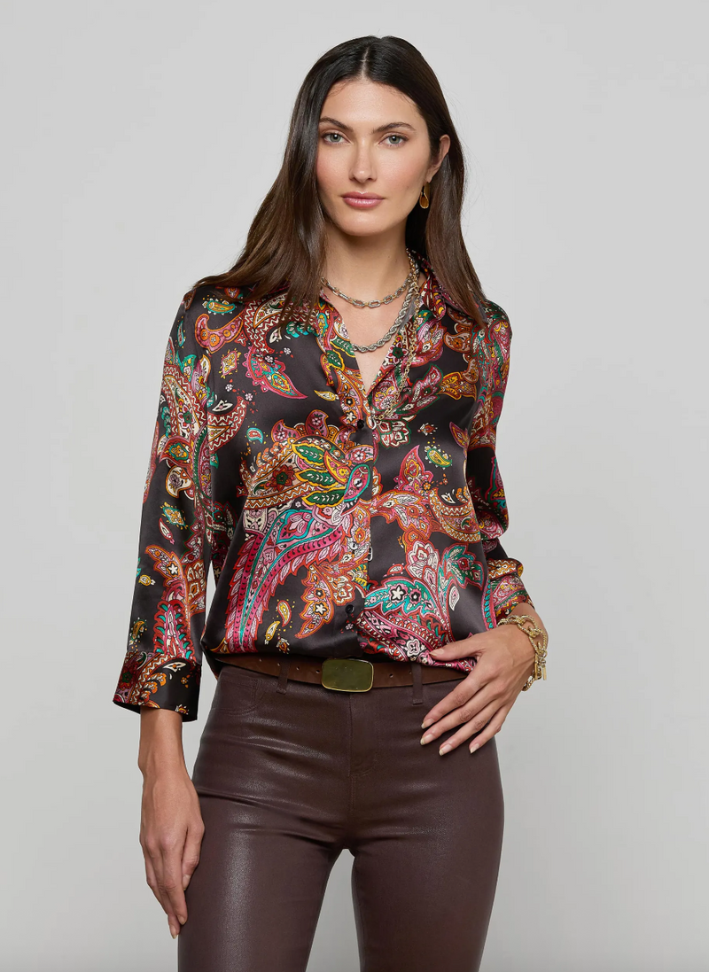 L'agence - Dani Silk Blouse - Black Multi Paisley Scroll