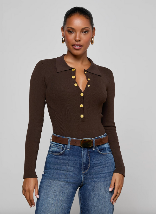 L'agence - Elisabetta Knit Bodysuit - Dark Brown/Gold