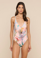 L'agence - Breana Plunge One-Piece Swimsuit - Pink Multi Colorful Palm