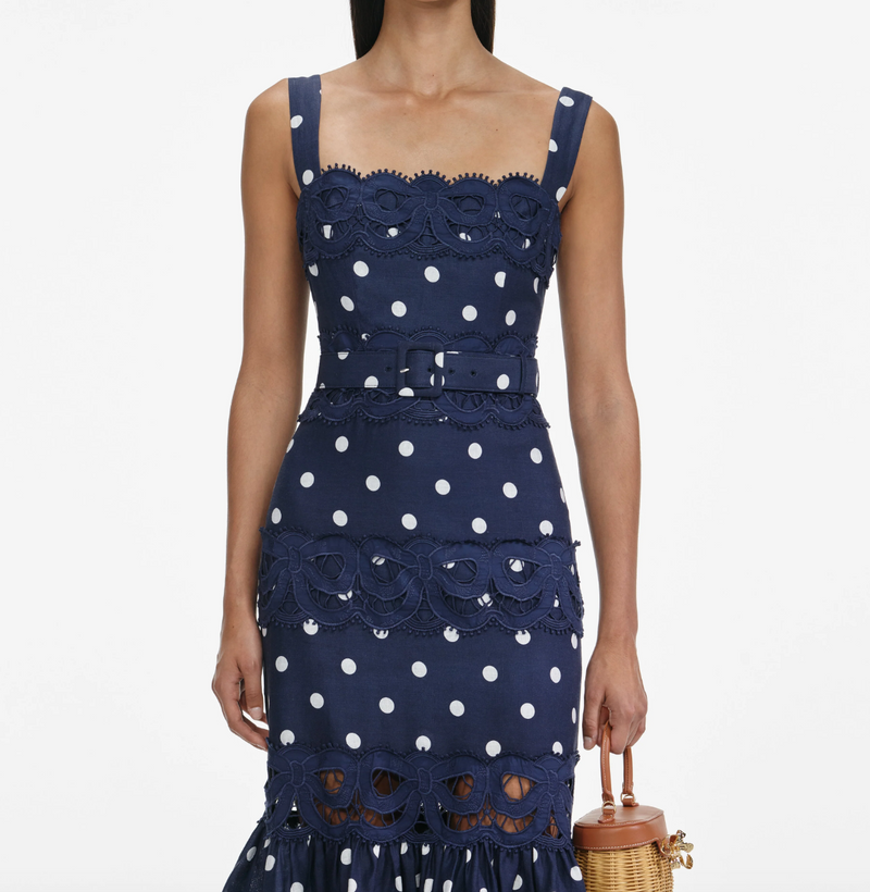 Self-portrait - Polka Dot Linen Midi Dress - Navy Blue