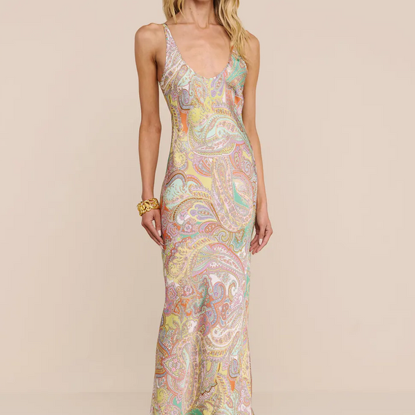 akiya satin maxi dress L'AGENCE Tank in Green Multi Cluster Paisley Ladies Maxi Dress - Aesthetic Color:Chalk stretch satin