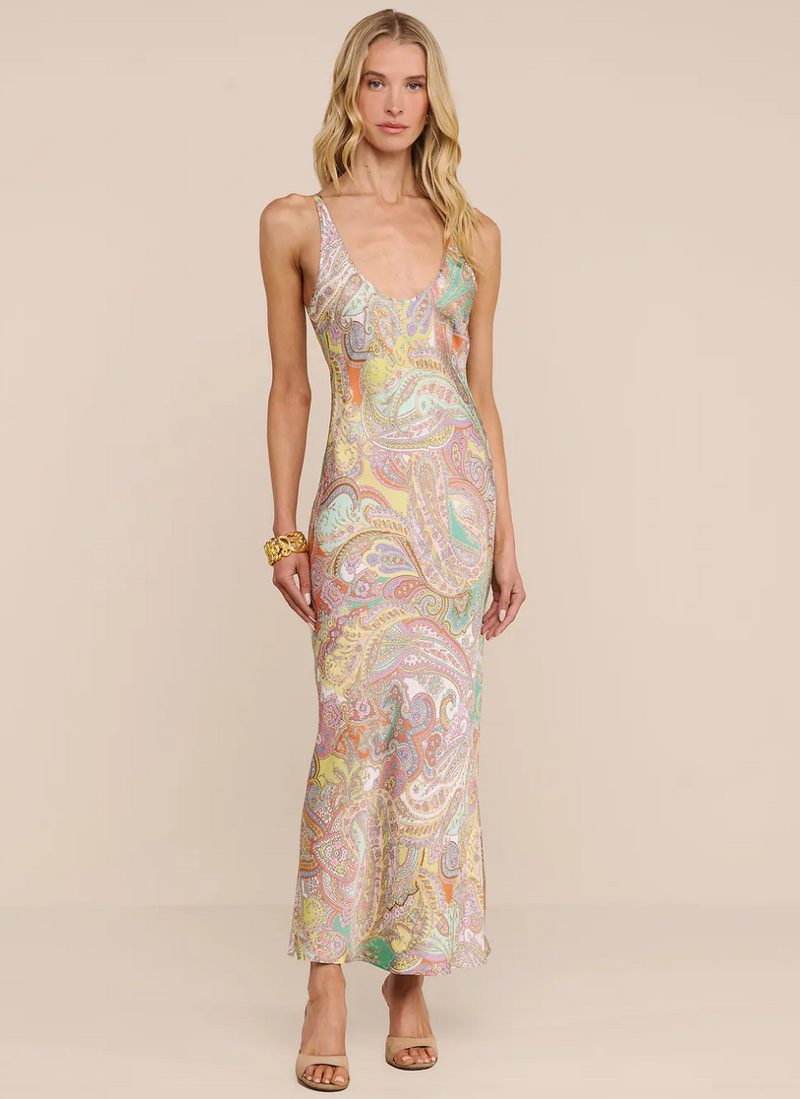 akiya satin maxi dress L'AGENCE Tank in Green Multi Cluster Paisley color:oat Stand Collar Cutout Tie WINTER WHITE LAgence Akiya slip tank