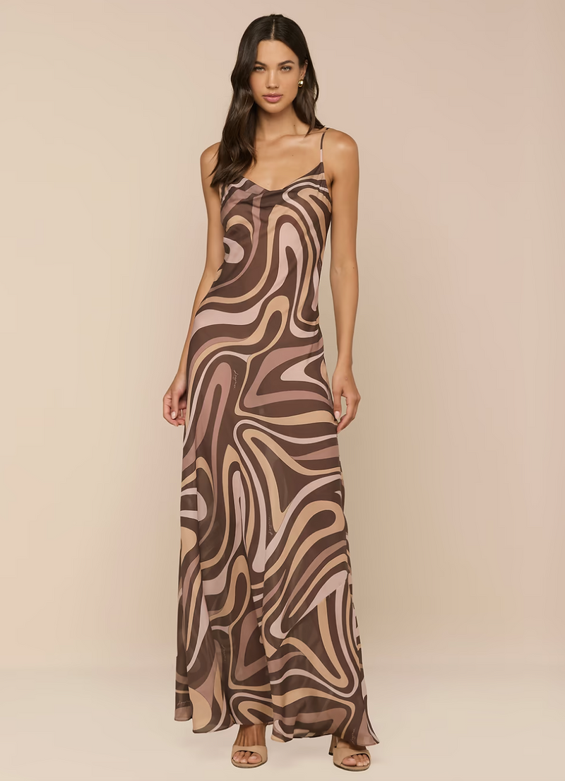 brown swirl dress L'AGENCE Christine in Designer clothing for women tie up halter neck Pariaura French Style Sleeveless COLOUR:Black/Pearl