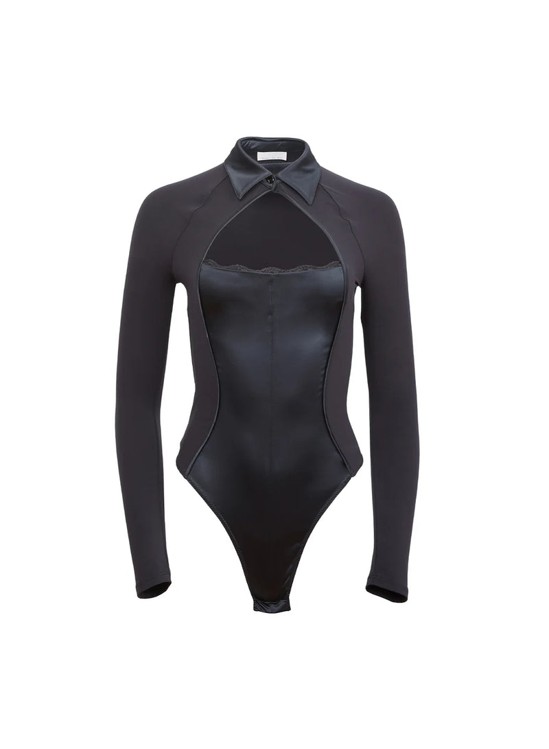 Fleur Du Mal - Stretch Satin Long Sleeve Bodysuit - Black