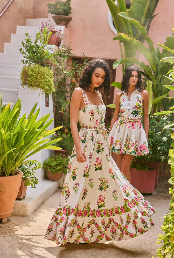 Hemant and Nandita -  Long Dress with Buckle Belt - White Floral