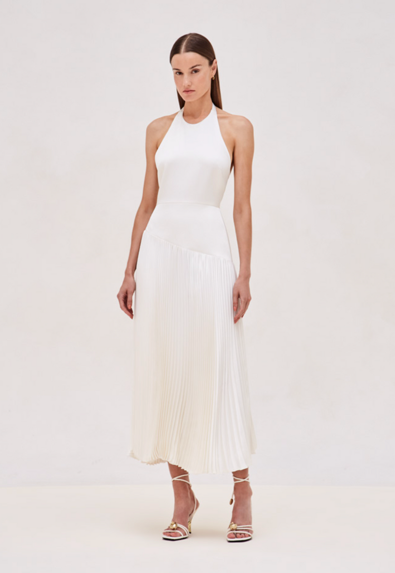 alexis white midi dress White French Cut Lace Bronze Dress