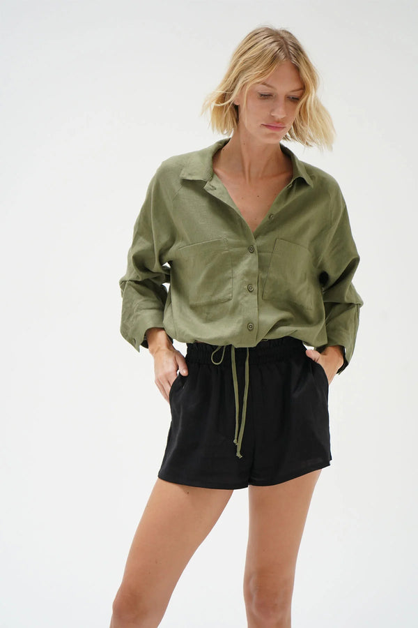 LNA - Alpine Drawstring Linen Button Up - Juniper