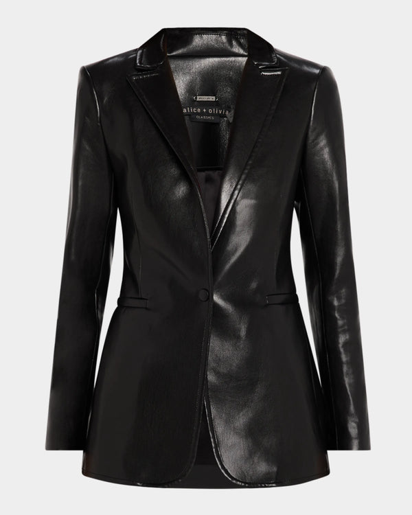 Alice + Olivia - BREANN VEGAN LEATHER LONG FITTED BLAZER - Black