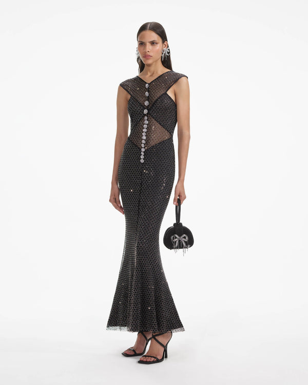 Self-portrait - Rhinestone Fishnet Crossover Midi Dress - Black