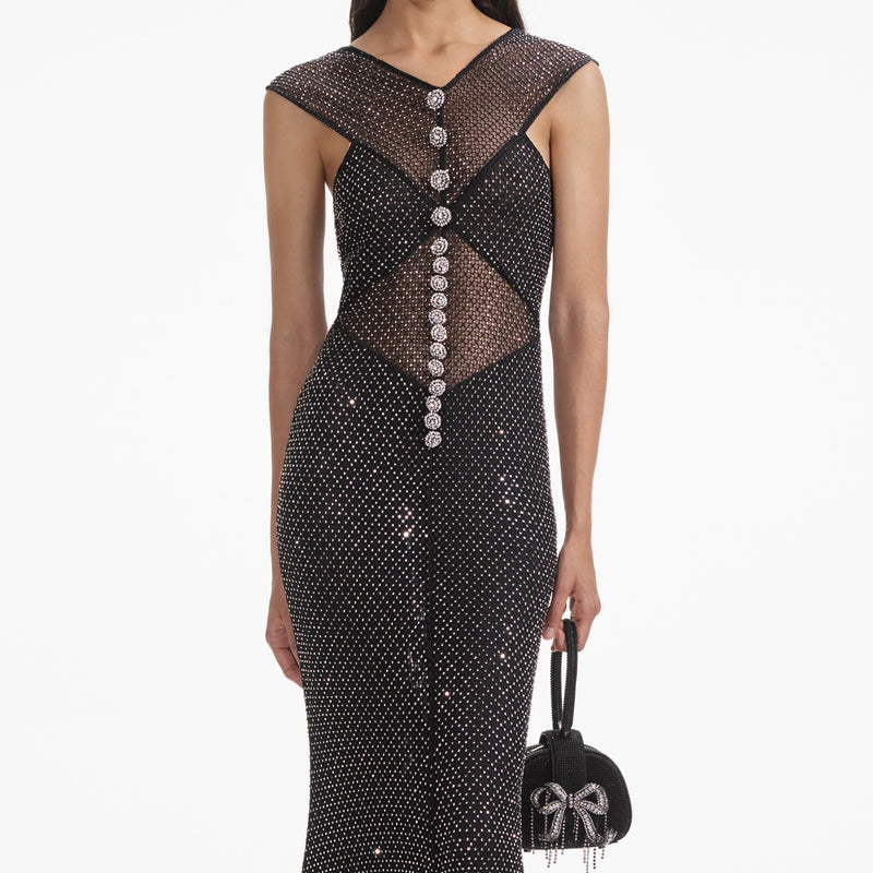 Self-portrait - Rhinestone Fishnet Crossover Midi Dress - Black