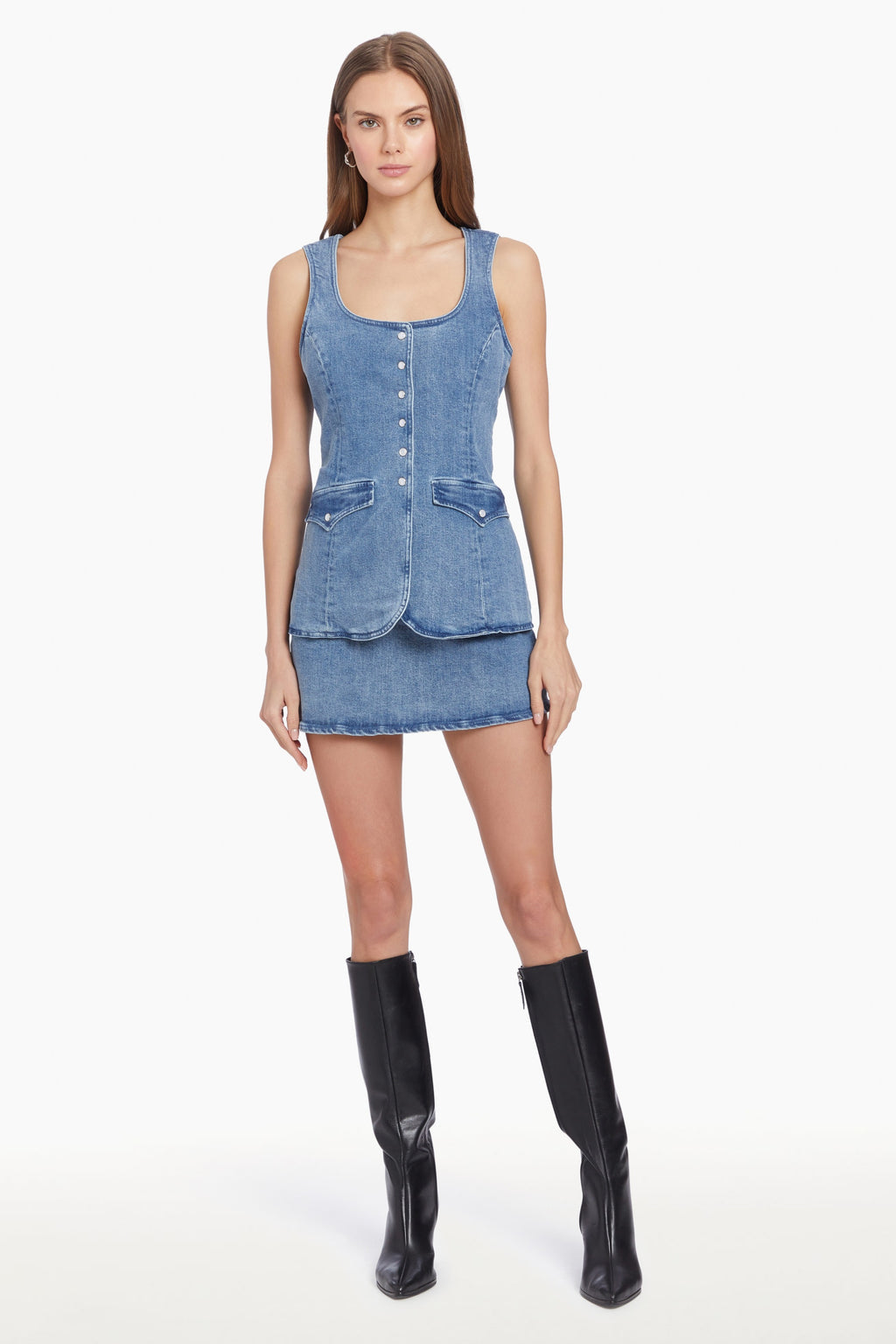 kya sleeveless romper mini dress Sleeveless Mini Kya Skort Romper in Classic Wash Denim | XS