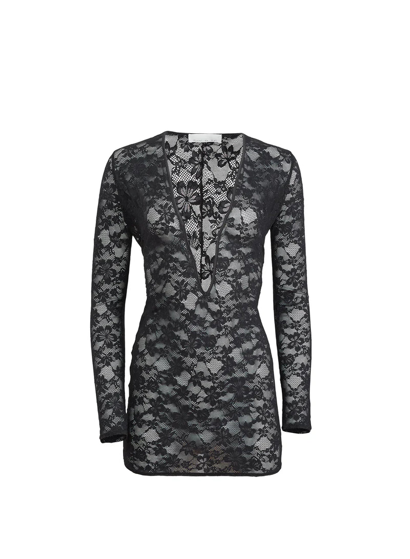 Fleur Du Mal - Le Stretch Lace Plunge Mini Dress - Black