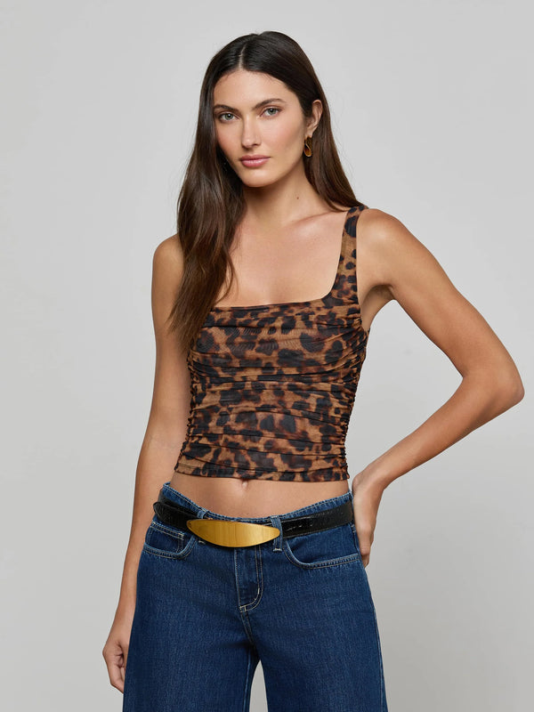 L'agence - Rasha Shirred Mesh Tank - Brown Multi Amur Leopard