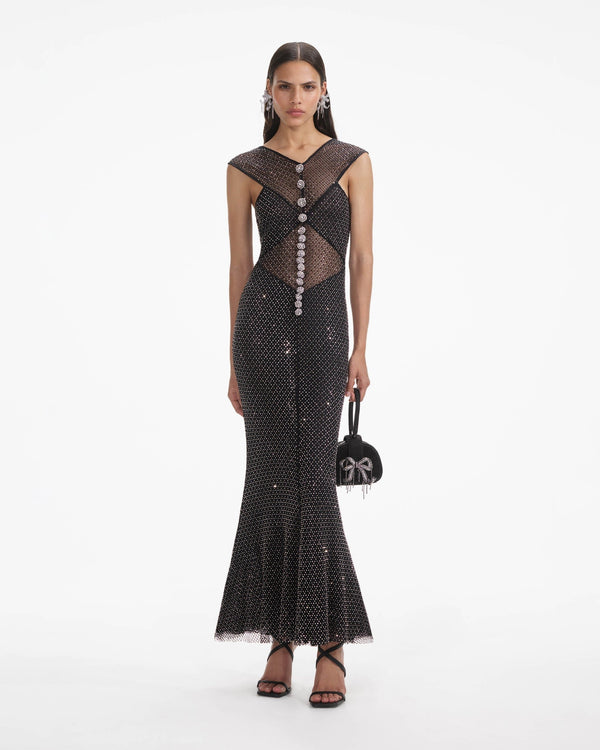 Self-portrait - Rhinestone Fishnet Crossover Midi Dress - Black