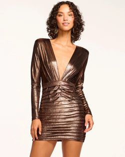 Ramy Brook - Willow Plunging Ruched Mini Dress - Bronze Lame