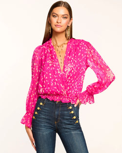 Ramy Brook - Levi V-Neck Ruffle Blouse - Magenta Dot