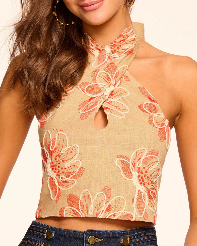 Ramy Brook - Harlow Embroidered Halter Crop Top - Natural Fleur